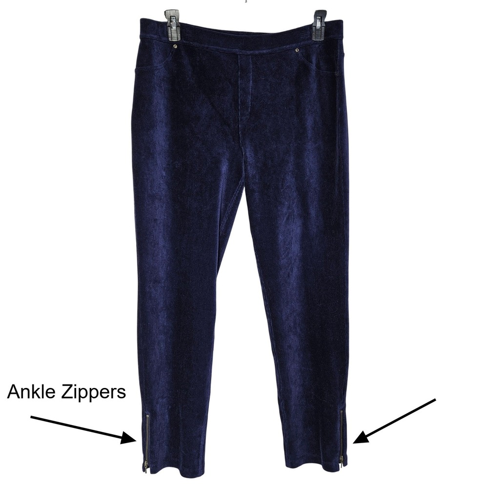Susan Graver Womens Navy Blue Soft Corduroy Zipper Ankle Pants L Casual Lounge